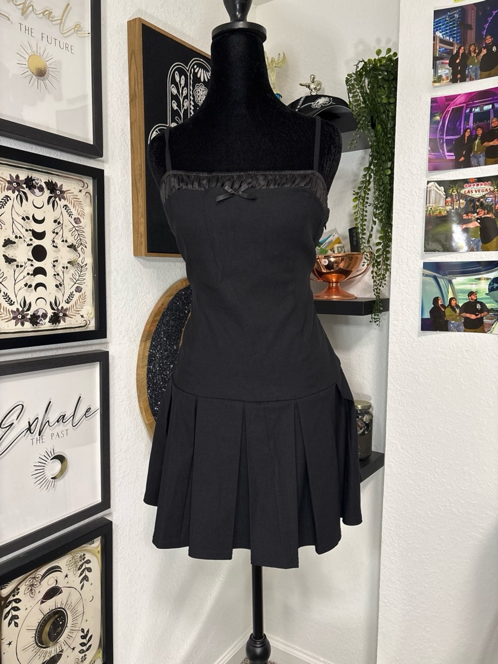 Blashe Black Drop Waist Pleated Mini Dress Satin Bow Spaghetti Strap Women Large